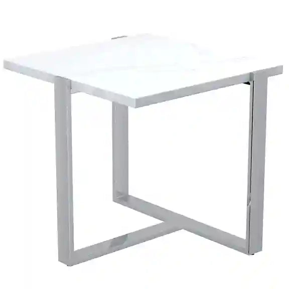 Contemporary Granite and Paper Veneer and Metal Accent Table - White and Silver