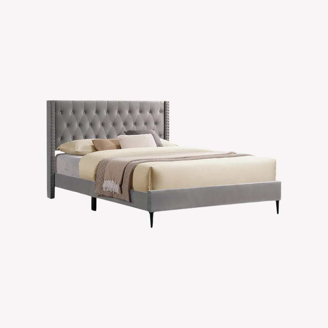 Grippo Velvet Upholstered Platform Bed Frame In Grey Finish