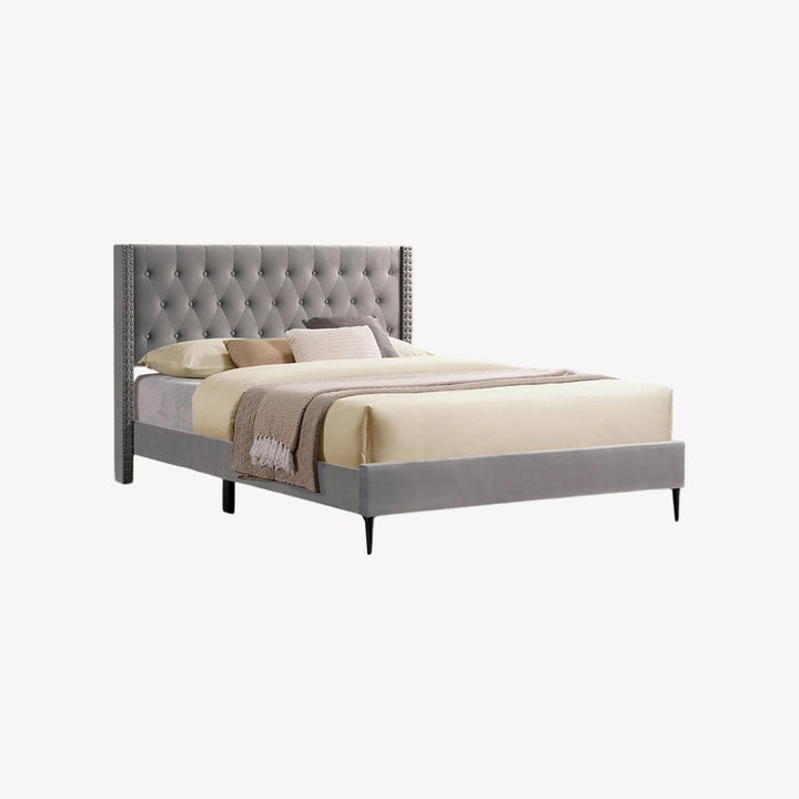 Grippo Velvet Upholstered Platform Bed Frame In Grey Finish