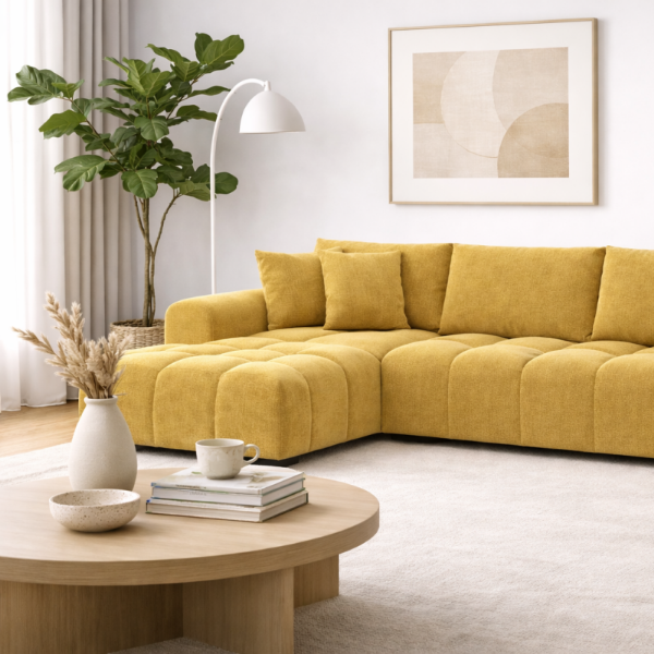 Simon Yellow L-Shaped Sectional Sofa In Fabric Upholstery | Available In RHF/ LHF Configuration
