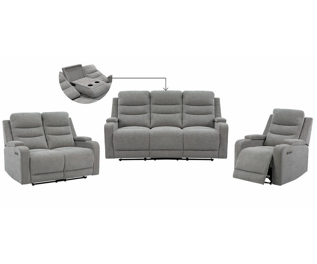 Macha 3-Piece Grey Power Recliner Set In Fabric Upholstery