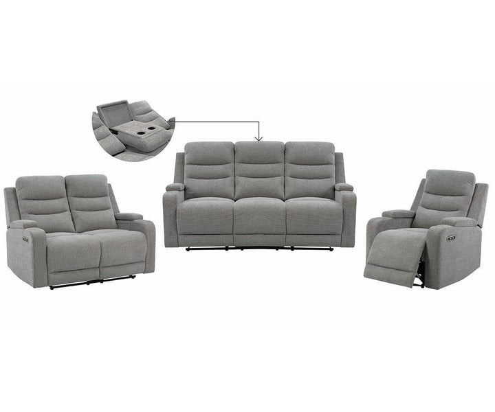 Macha 3-Piece Grey Power Recliner Set In Fabric Upholstery
