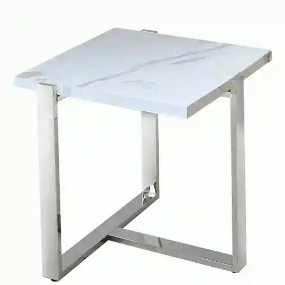 Contemporary Granite and Paper Veneer and Metal Accent Table - White and Silver