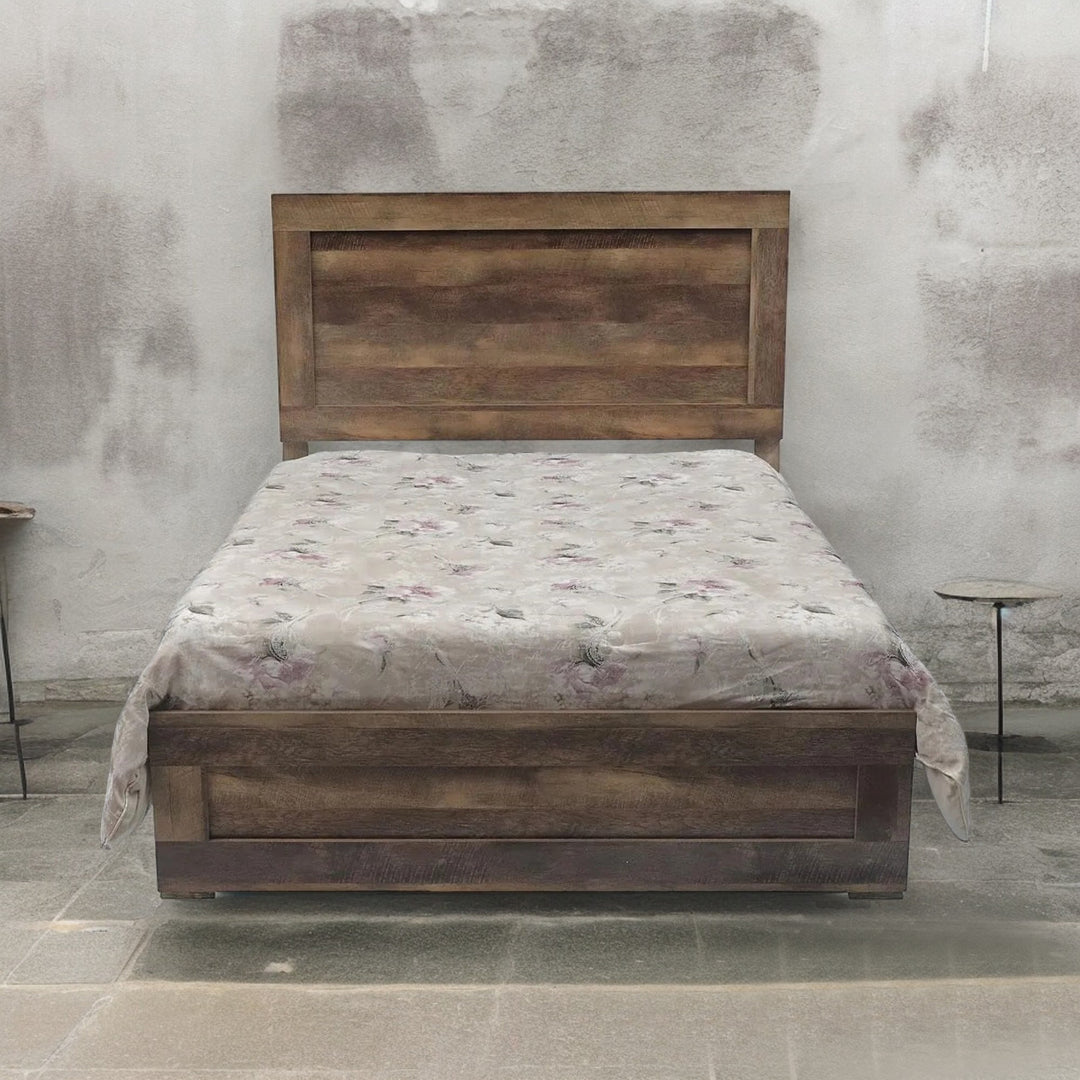 Fiona Charming Platform Bed Frame With Rustic Dark Brown Plank Look