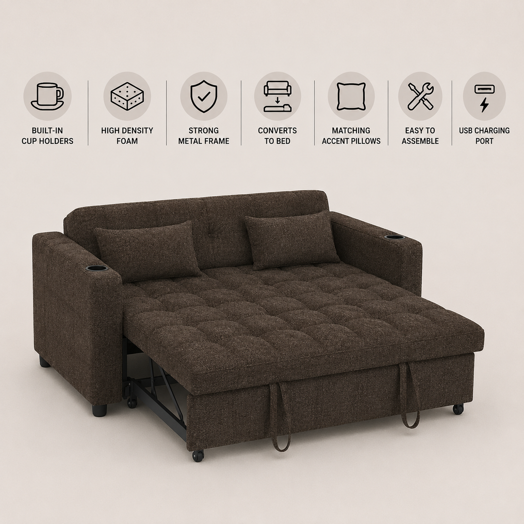Aspire Fabric Upholstered Sofa Bed With USB Charging Ports - Brown