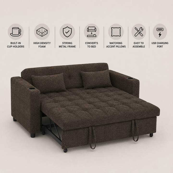 Aspire Fabric Upholstered Sofa Bed With USB Charging Ports - Brown