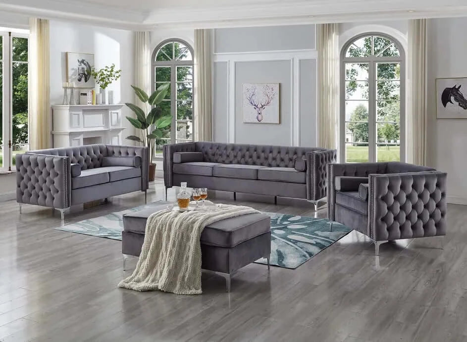 3Pc Sofa Set (Grey Velvet)