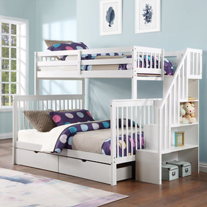 Melody Bunk Bed (Single/ Double) With Storage Drawers & Pull Out Trundle - White