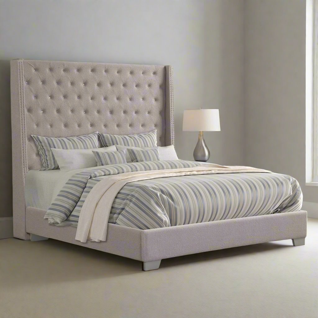 Barcelona Platform Bed Frame In Boucle Fabric Upholstery | Available In Beige & Grey Colors