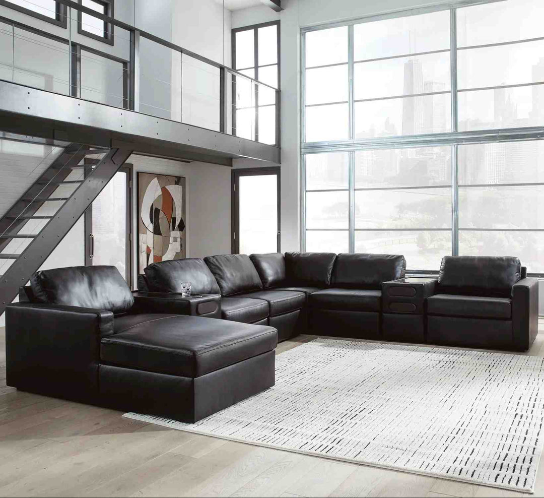 Modmax II 8-Piece Leather Upholstered Sectional Sofa With Corner Chaise &amp; Audio Console - Oyster | Signature Design By Ashley