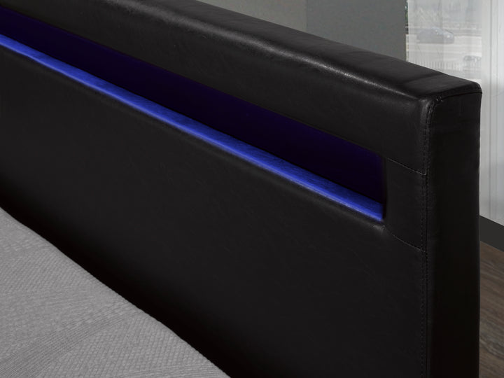 Full Platform Bed in Sleek Black with LED Lighted Headboard - Contemporary Style, Multi-Color Lighting, and Storage Space