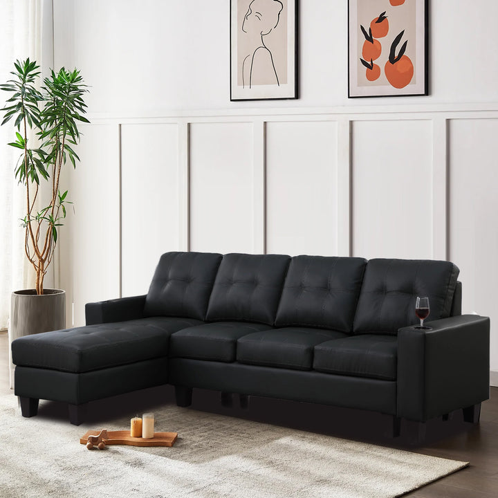 Bexen 2 Pc Reversible Sectional Fabric Sofa - Black in Faux Leather