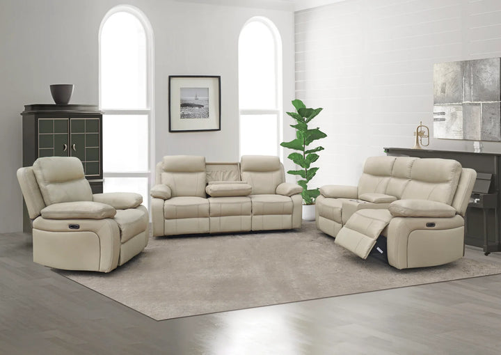 Cuddle 3-Piece Power Recliner Set In Genuine Leather Upholstery - Beige