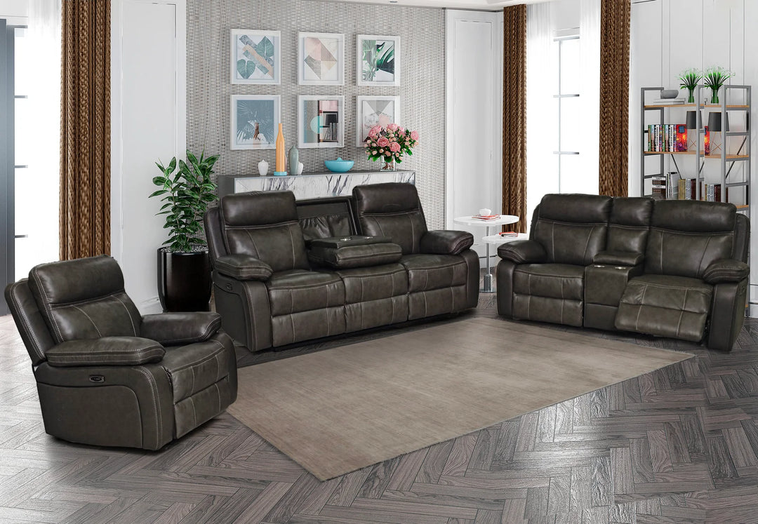 Cuddle 3-Piece Power Recliner Set In Genuine Leather Upholstery - Brown