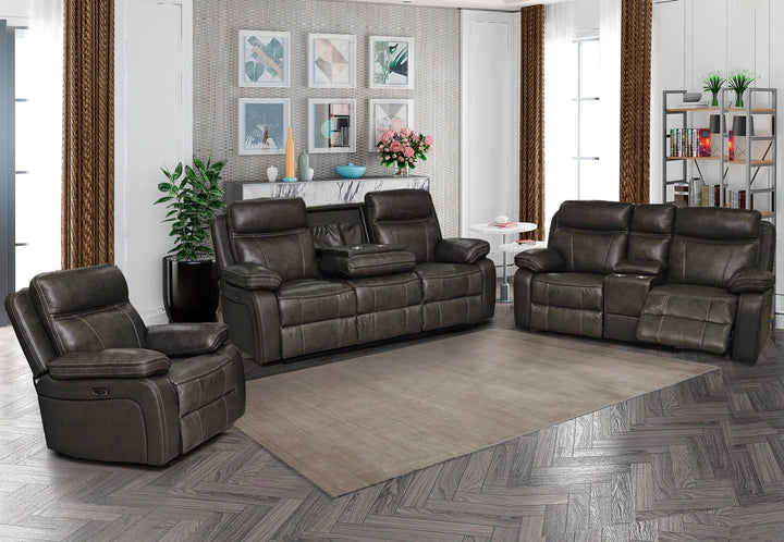 Cuddle 3-Piece Power Recliner Set In Genuine Leather Upholstery - Brown