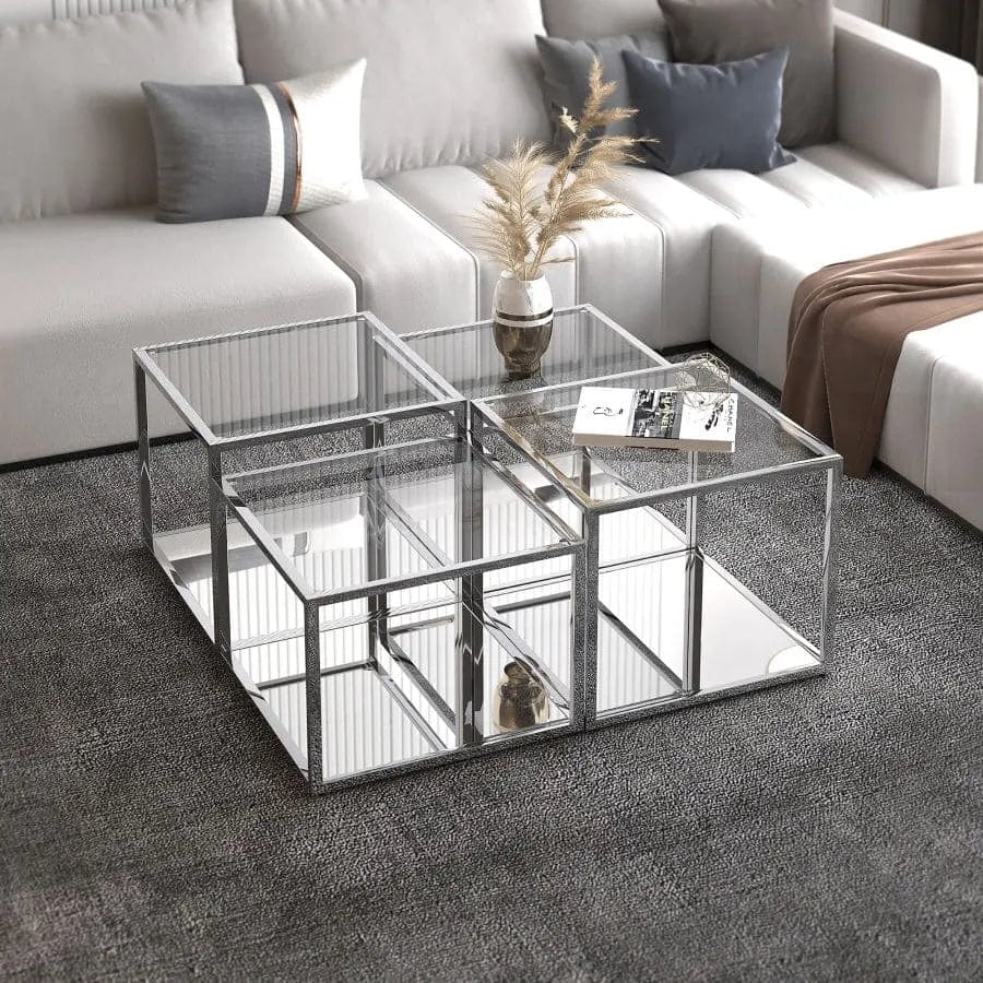 Contemporary Metal and Glass Multi-Tier Coffee Table Set of 4 - Silver