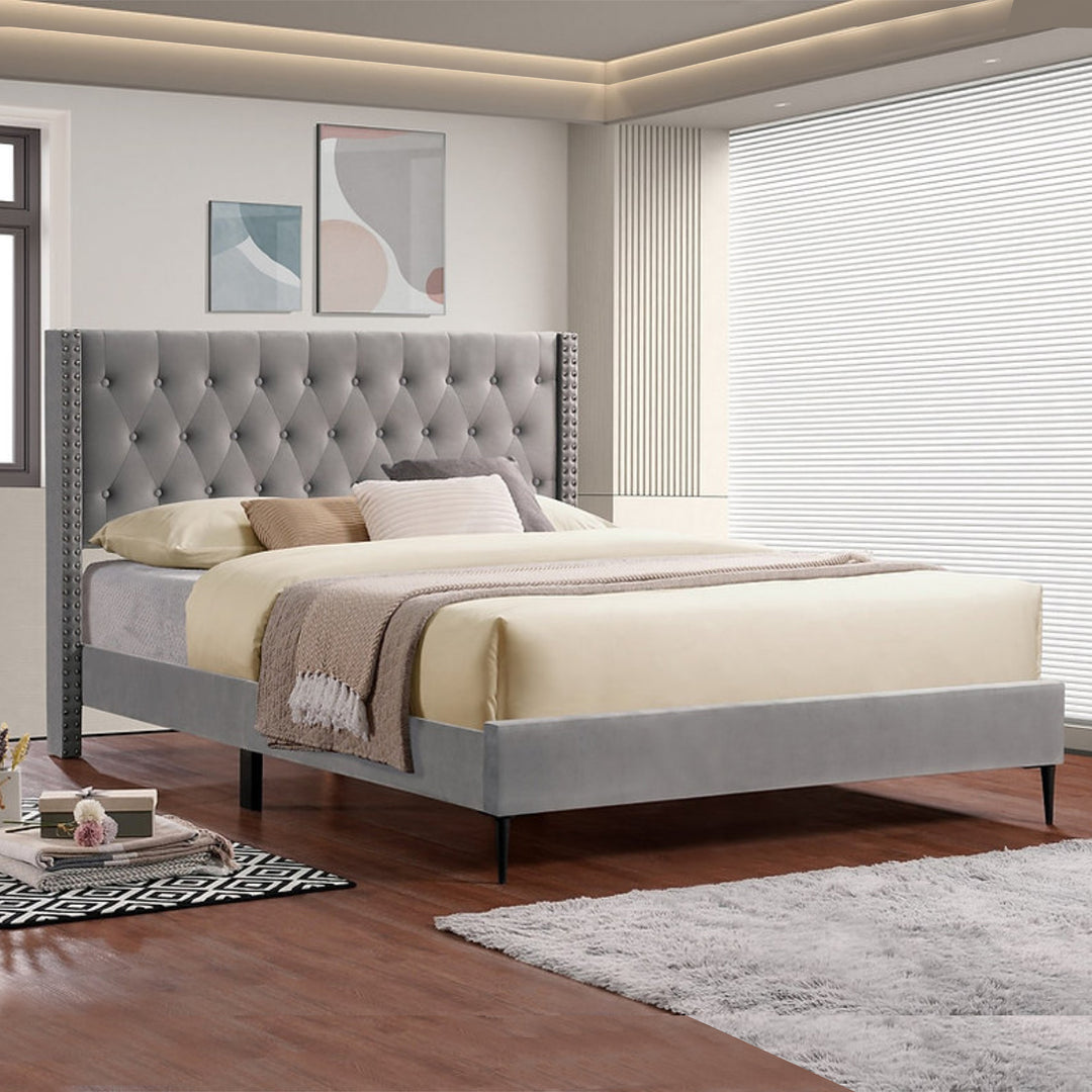 Grippo Velvet Upholstered Platform Bed Frame In Grey Finish