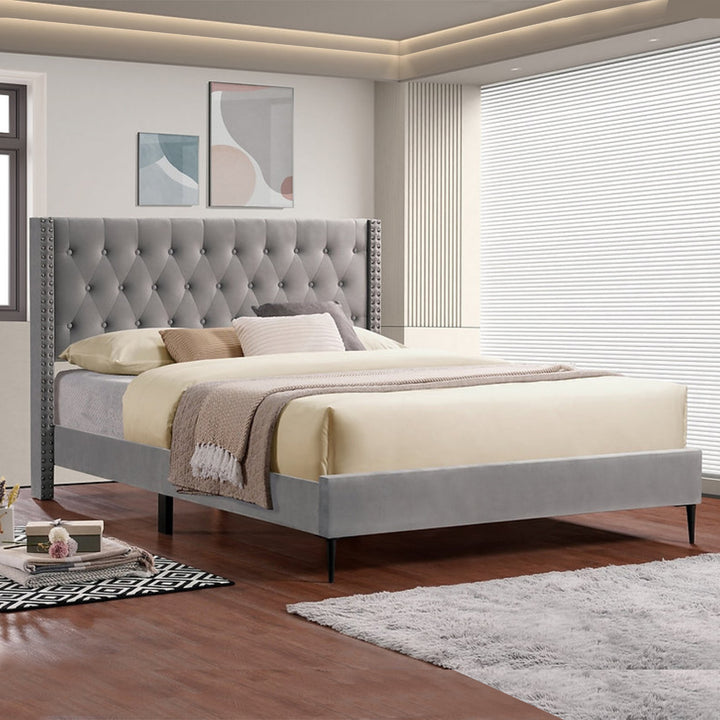 Grippo Velvet Upholstered Platform Bed Frame In Grey Finish