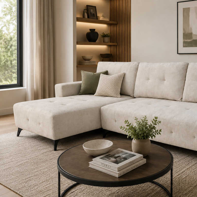 Binny Fabric Upholstered Beige Sectional Sofa Bed With Chaise Lounge | Available In RHF/ LHF Configuration