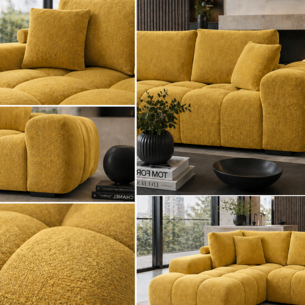 Simon Yellow L-Shaped Sectional Sofa In Fabric Upholstery | Available In RHF/ LHF Configuration