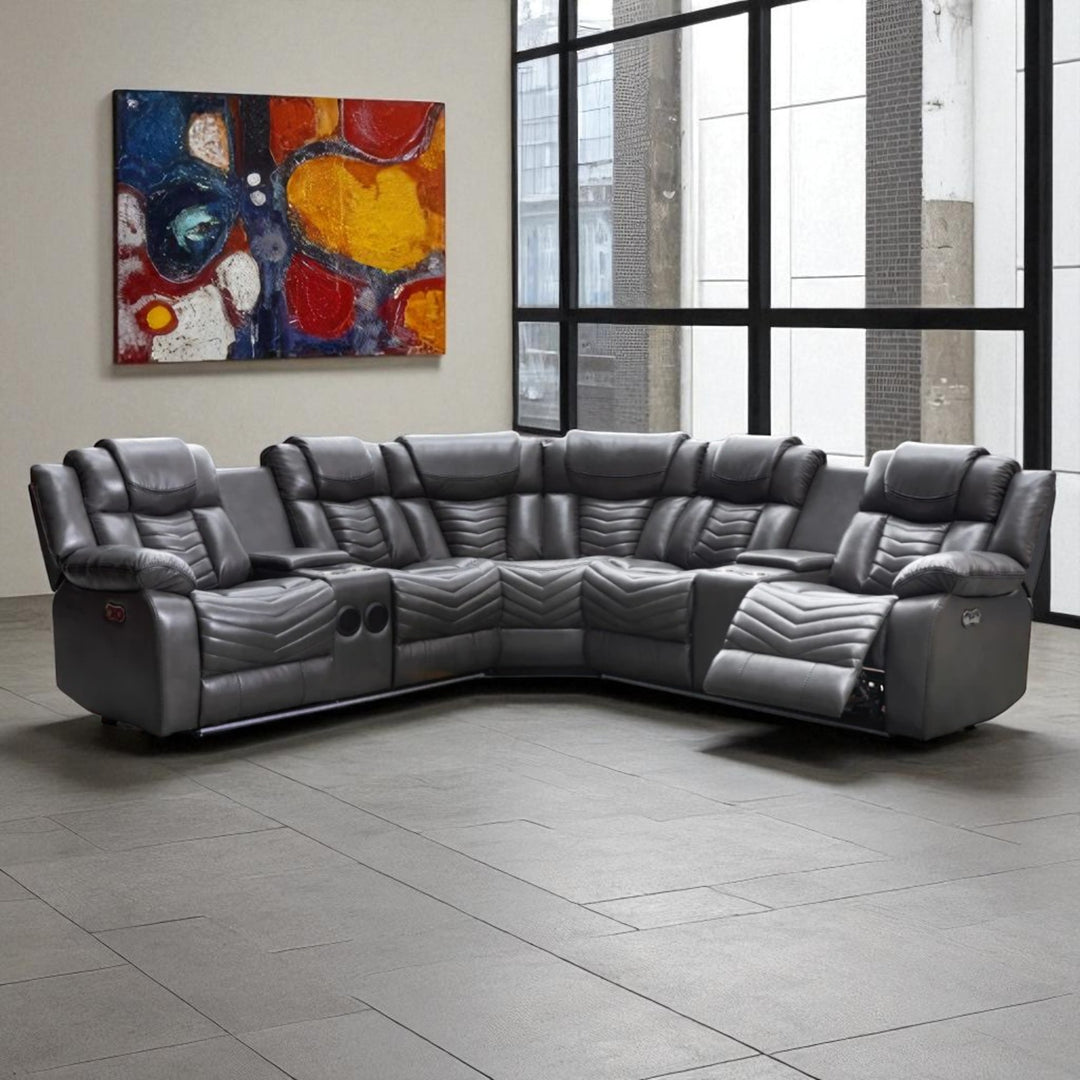 Mitchell 5-Seater Power Recliner Sectional In Air Leather Upholstery - Grey