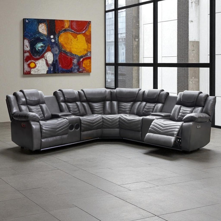 Mitchell 5-Seater Power Recliner Sectional In Air Leather Upholstery - Grey