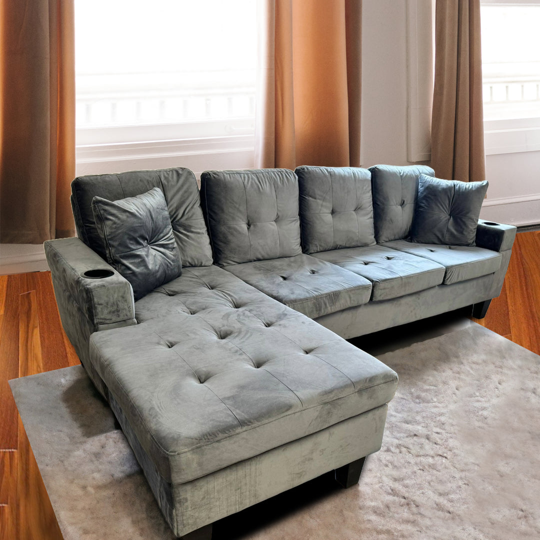 Bexen 2 Pc Reversible Sectional Sofa in Velvet - Grey