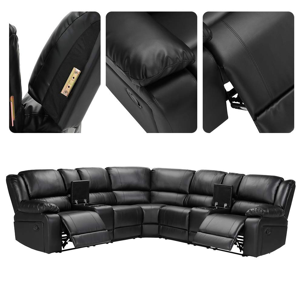 Luxurious 6-Seat Reclining Sectional Sofa with 2 Cup Holders - Large and Comfortable Living Room Furniture in Elegant Black