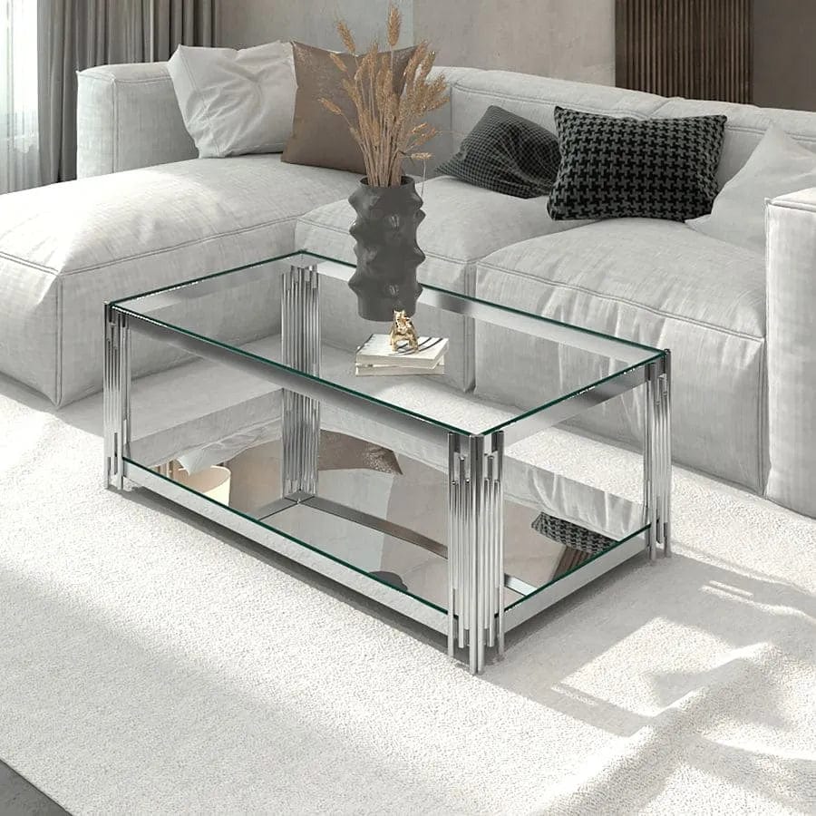 Contemporary Metal and Glass Rectangular Coffee Table - Silver