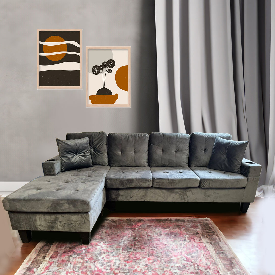 Bexen 2 Pc Reversible Sectional Sofa in Velvet - Grey