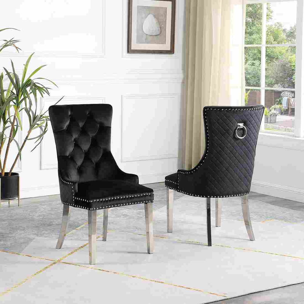 Dining Chair Set Luxurious Black Velvet, Quilted Design, and Chrome Frame - Set of 2