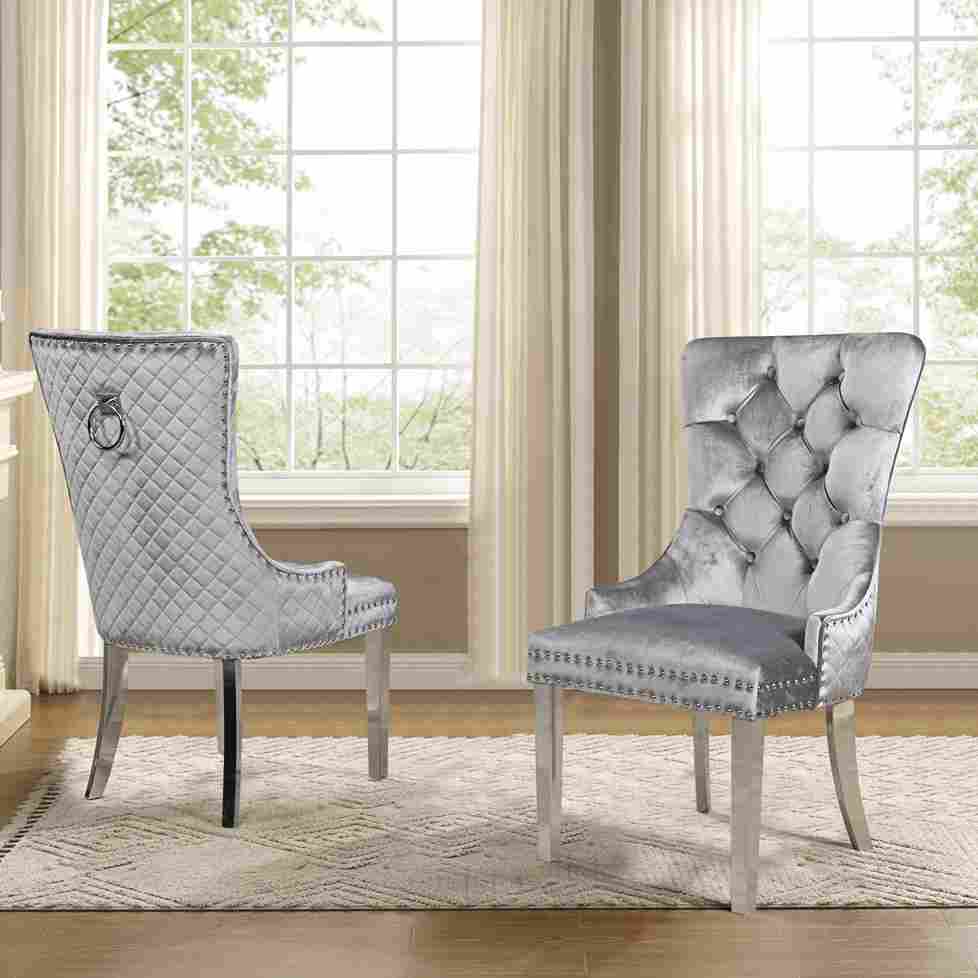 Dining Chair Set Luxurious Velvet, Quilted Design, and Chrome Frame - Set of 2