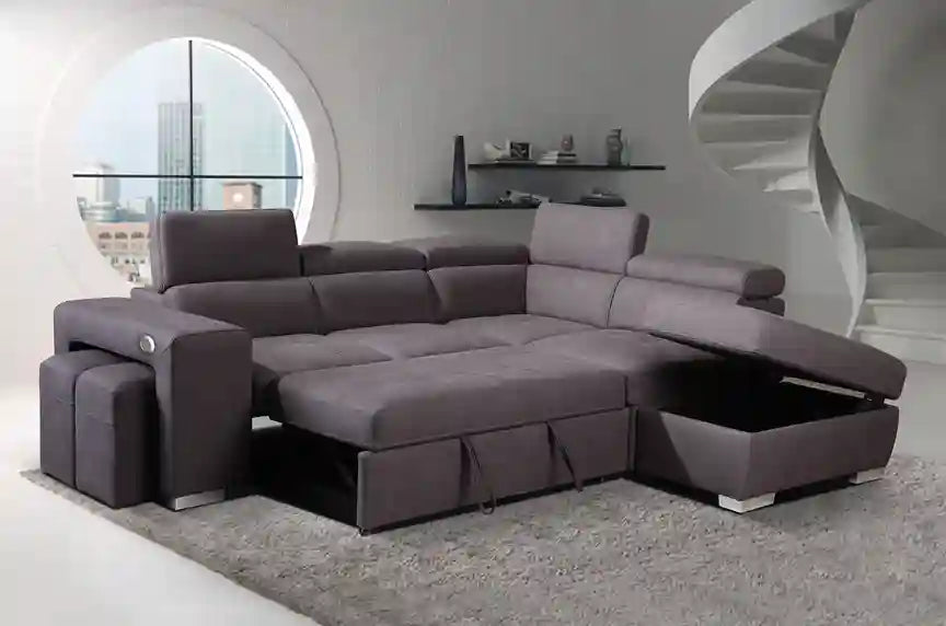 4-Piece Sectional Bed in Black with Adjustable Headrests and Ottoman - Versatile Comfort in Modern Design