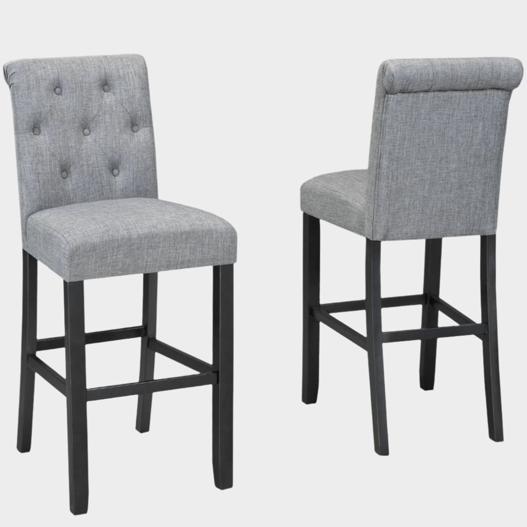 29'' Light Grey Bar Stool Set of 2 | Tufted Back & Solid Wood Frame