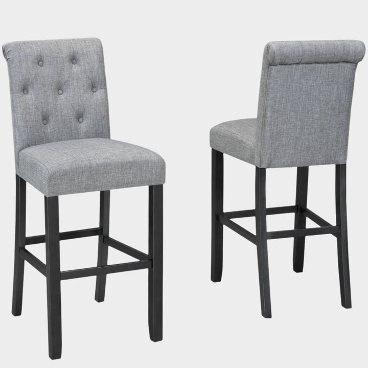 29'' Light Grey Bar Stool Set of 2 | Tufted Back & Solid Wood Frame
