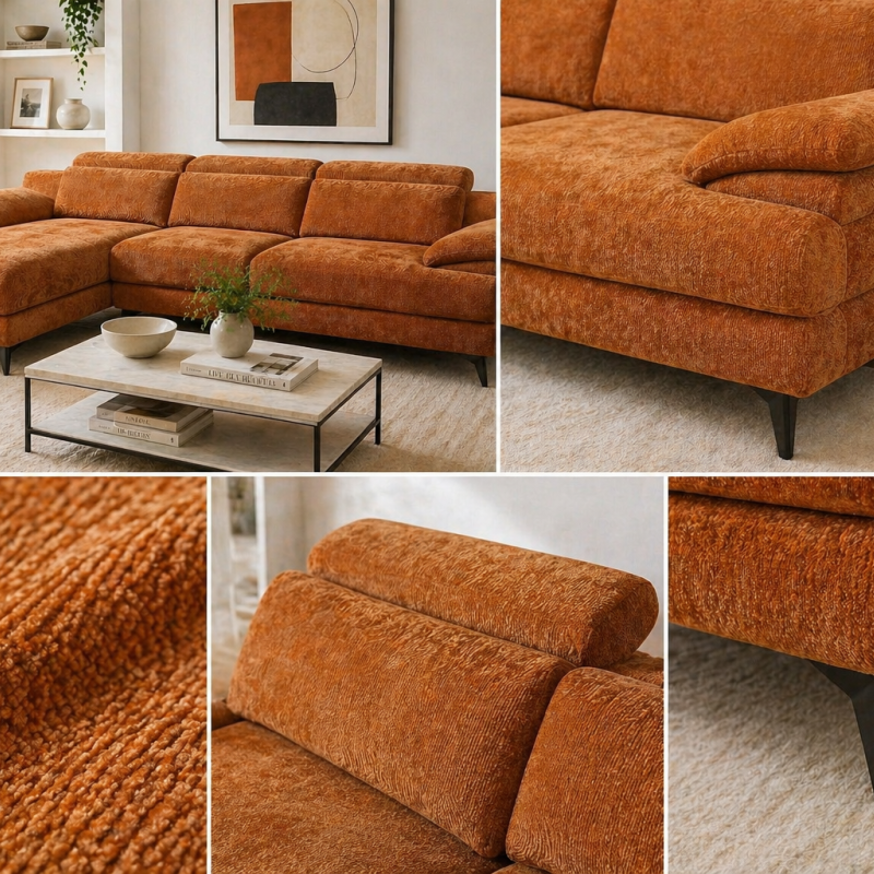 Sane Burnt Orange L-Shaped Sectional Sofa With Chaise Lounge