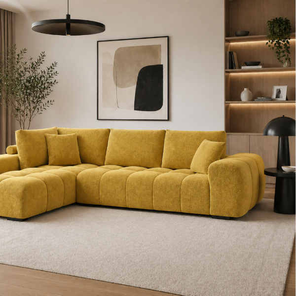 Simon Yellow L-Shaped Sectional Sofa In Fabric Upholstery | Available In RHF/ LHF Configuration