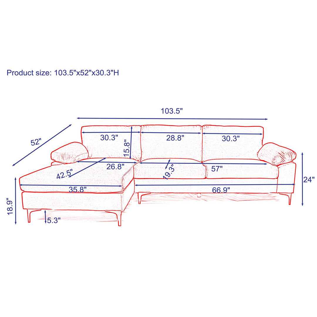 Fabric Sectional Sofa with Lounger Chaise - Overstuffed, Comfortable, and Stylish