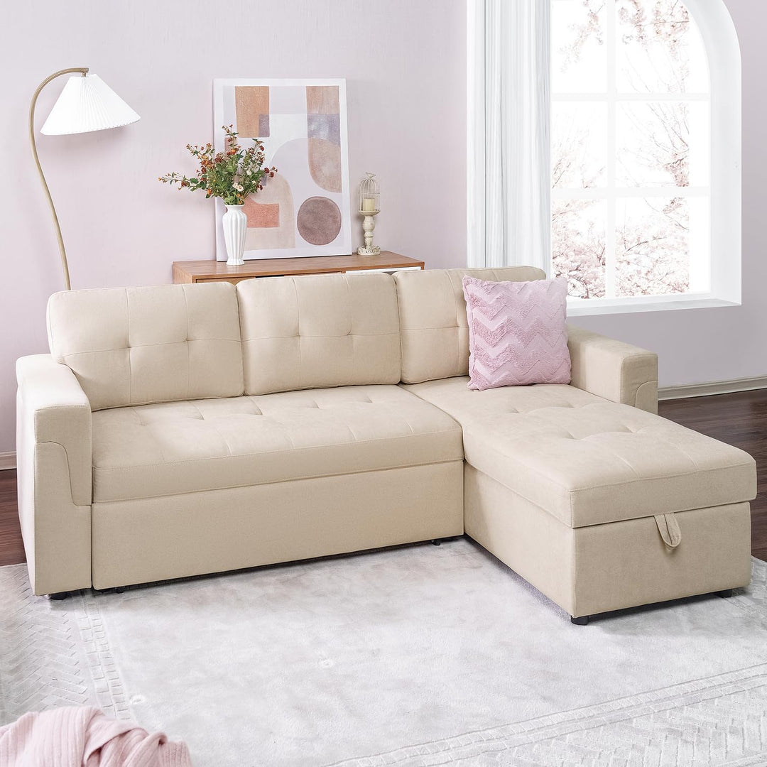 Trenton Sectional Sofa Bed With Reversible Storage Chaise & USB Charging Ports - Beige