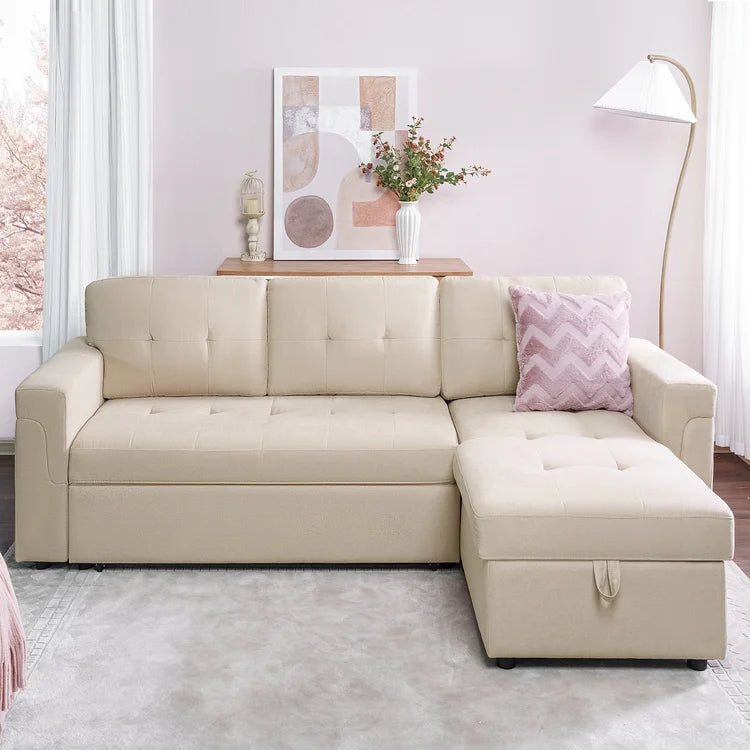 Trenton Sectional Sofa Bed With Reversible Storage Chaise & USB Charging Ports - Beige
