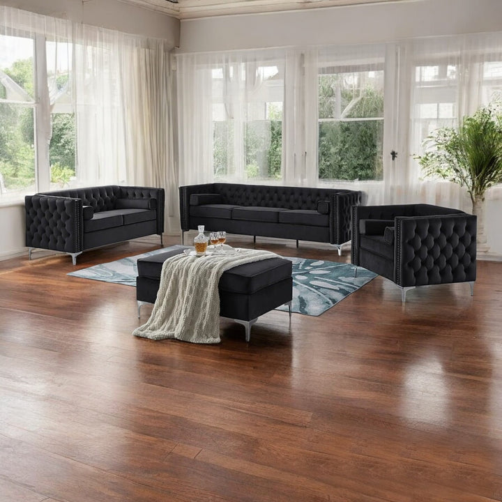 Brett 3-Piece Sofa Set With Storage Ottoman & Velvet Upholstery - Midnight Black