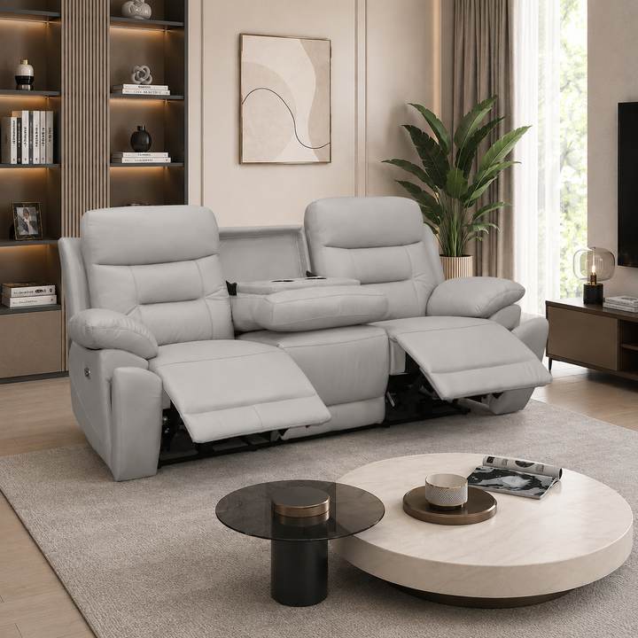 Cox 3-Piece Light Grey Power Recliner Set In Top Grain Leather