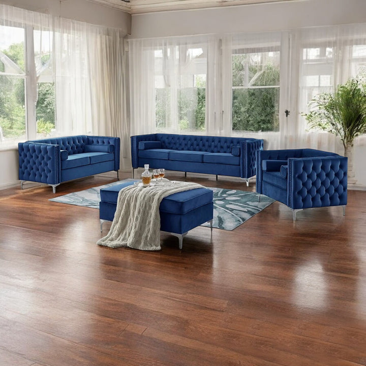 Brett 3-Piece Sofa Set With Storage Ottoman & Velvet Upholstery - Enticing Blue