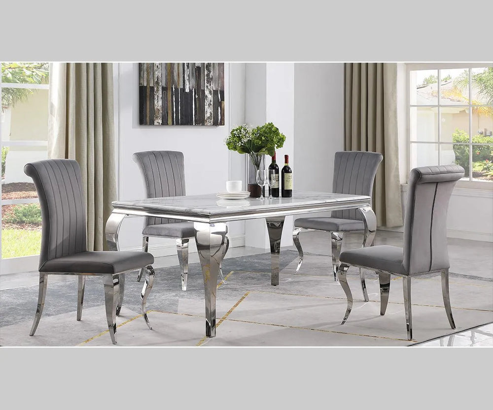 Bianca Elegance Estrel 63"L Faux White Marble Dining Table with Polished Stainless-Steel Queen Anne Legs