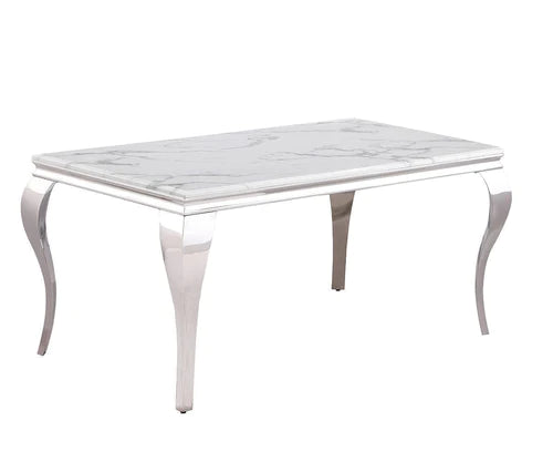Bianca Elegance Estrel 63"L Faux White Marble Dining Table with Polished Stainless-Steel Queen Anne Legs