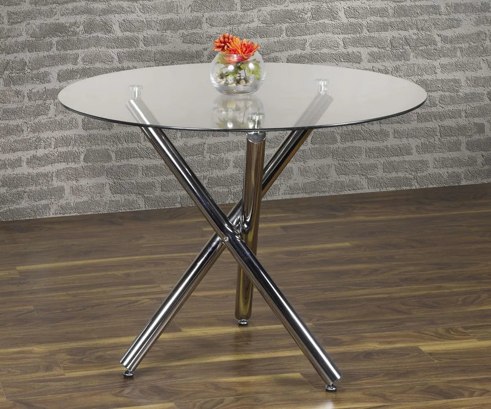 Sleek Elegance: Round Glass Dining Table Set with Tufted Faux Leather Chairs