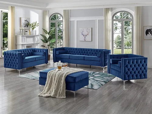 3pc Sonia Deep Tufted Nailhead Sofa Set in Blue and Chrome Ottoman Not Include