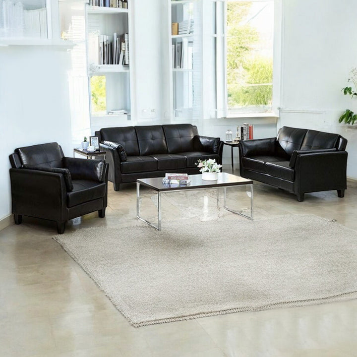 Connor 3-Piece Tranquil Sofa Set In PU Leather Upholstery - Black