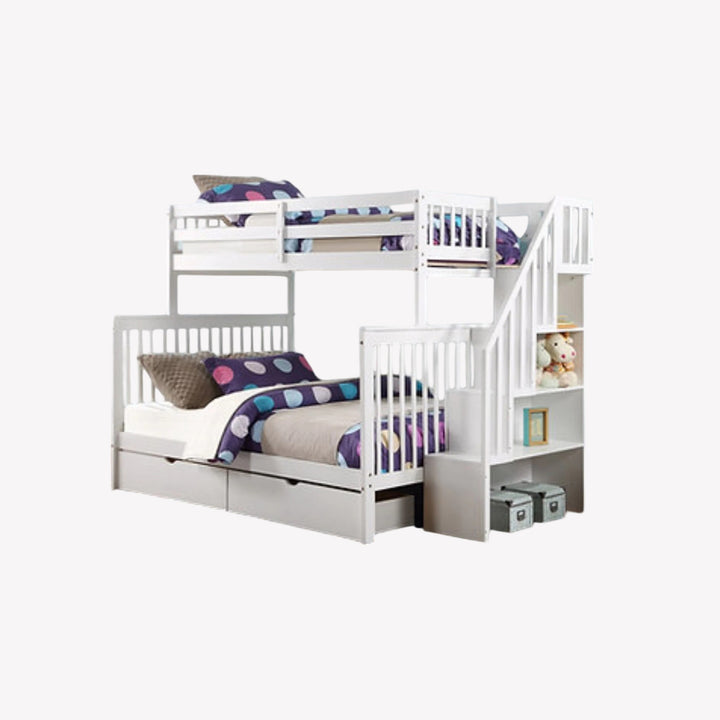 Melody Bunk Bed (Single/ Double) With Storage Drawers & Pull Out Trundle - White