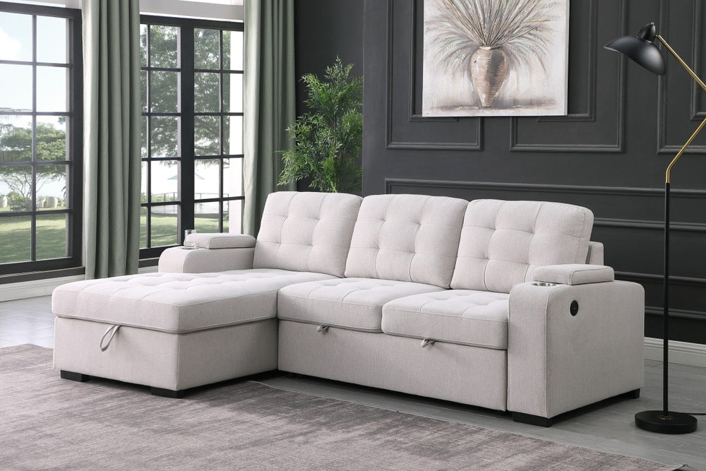 Lennox Beige Sectional Sleeper - Plush Fabric, Pull-out Bed, Storage Chaise, USB Ports